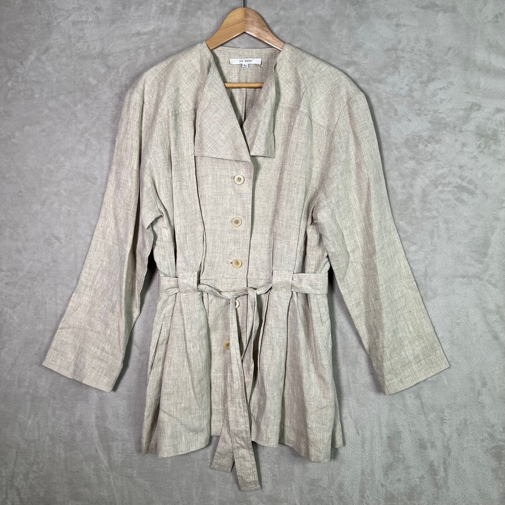 Rex Lester 100% Linen Safari Jacket Beige Belted Open Collar Womens L